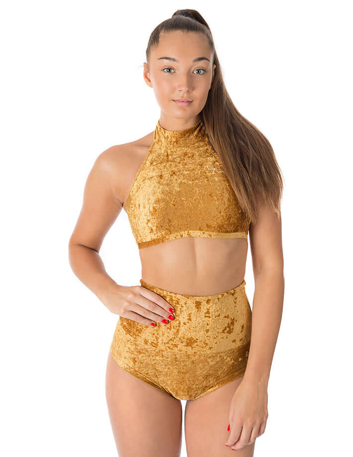 Velvet halter top Lisette | Sports bra | Color: gold velvet | Women's sports bra | Dragonfly Pole Dance Clothes and Bikram Hot Yoga Outfit