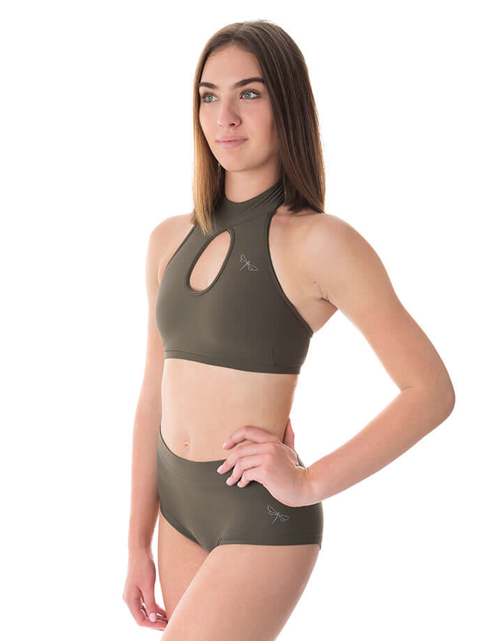 High neck sports bra Terri | Sports bra | Color: khaki | Women's sports bra | Dragonfly Pole Dance Clothes and Bikram Hot Yoga Outfit