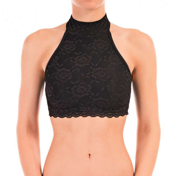 Halter neck sports bra with lace - Lisette | Sports bra | Color: red lace | Women's sports bra | Dragonfly Pole Dance Clothes and Bikram Hot Yoga Outfit