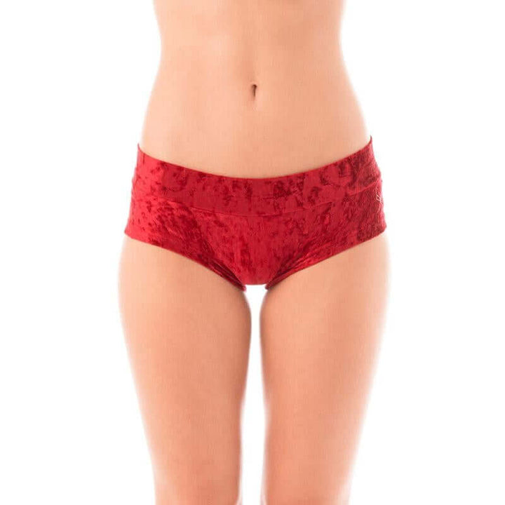 Samt Booty Shorts - Hot Pants in Rot, ideal für Pole Dancing und Yoga, aus bequemem Samt-Look Material.