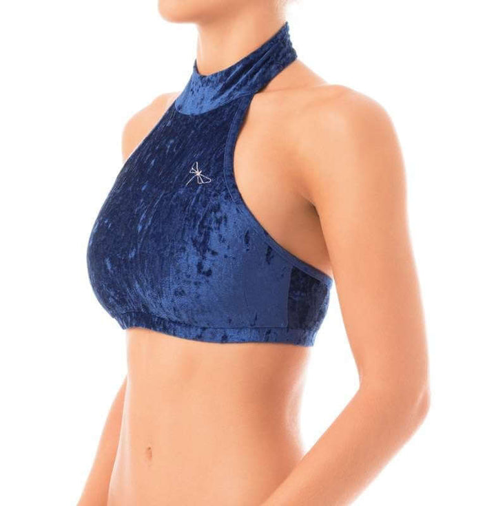 Velvet halter top Lisette | Velvet halter top sports bra | Color: blue velvet | Women's sports bra | Dragonfly Pole Dance Clothes and Bikram Hot Yoga Outfit