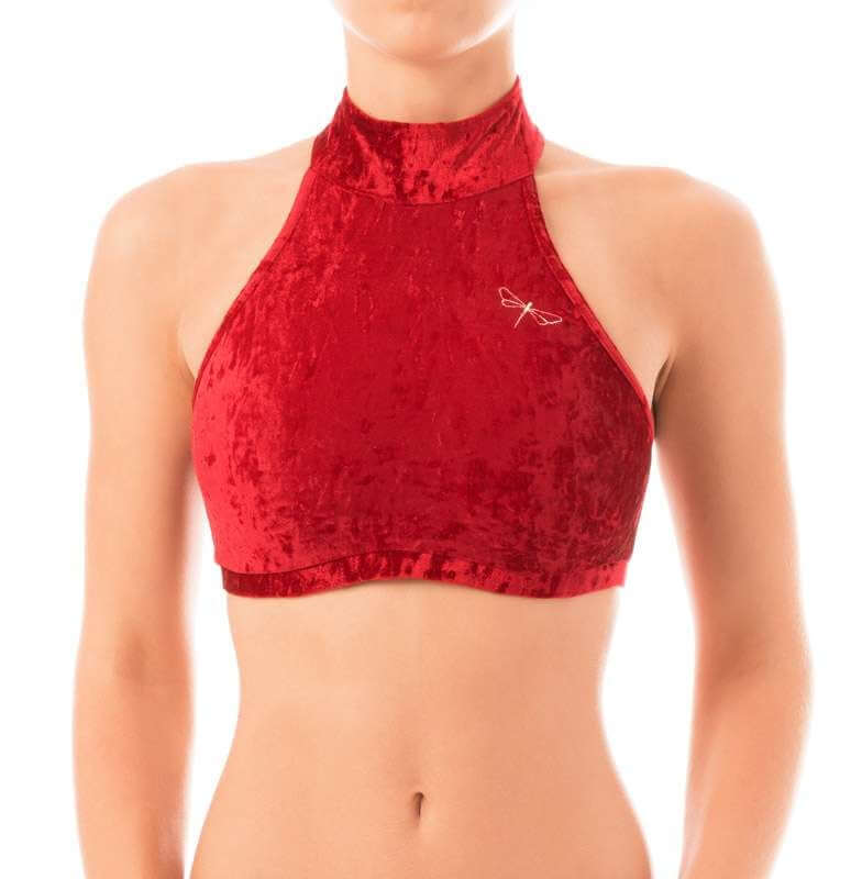 Velvet halter top Lisette | Brassière sport halter dos nu en velours | Color: red velvet | Women's sports bra | Dragonfly Pole Dance Clothes and Bikram Hot Yoga Outfit