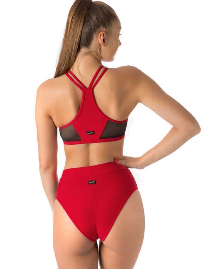 Mesh pole dance shorts - Molly in red with back view showcasing the high-waisted design and mesh details.